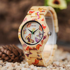 Wooden Watch for Women Band Painting Butterfly in Wooden Box